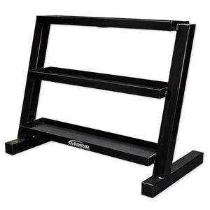 Black metal storage unit with three flat tray shelves on a white background