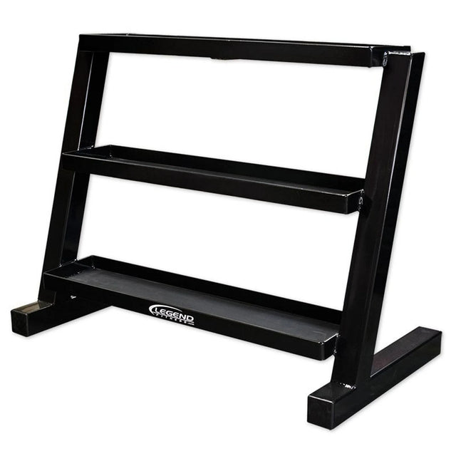 Black metal storage unit with three flat tray shelves on a white background