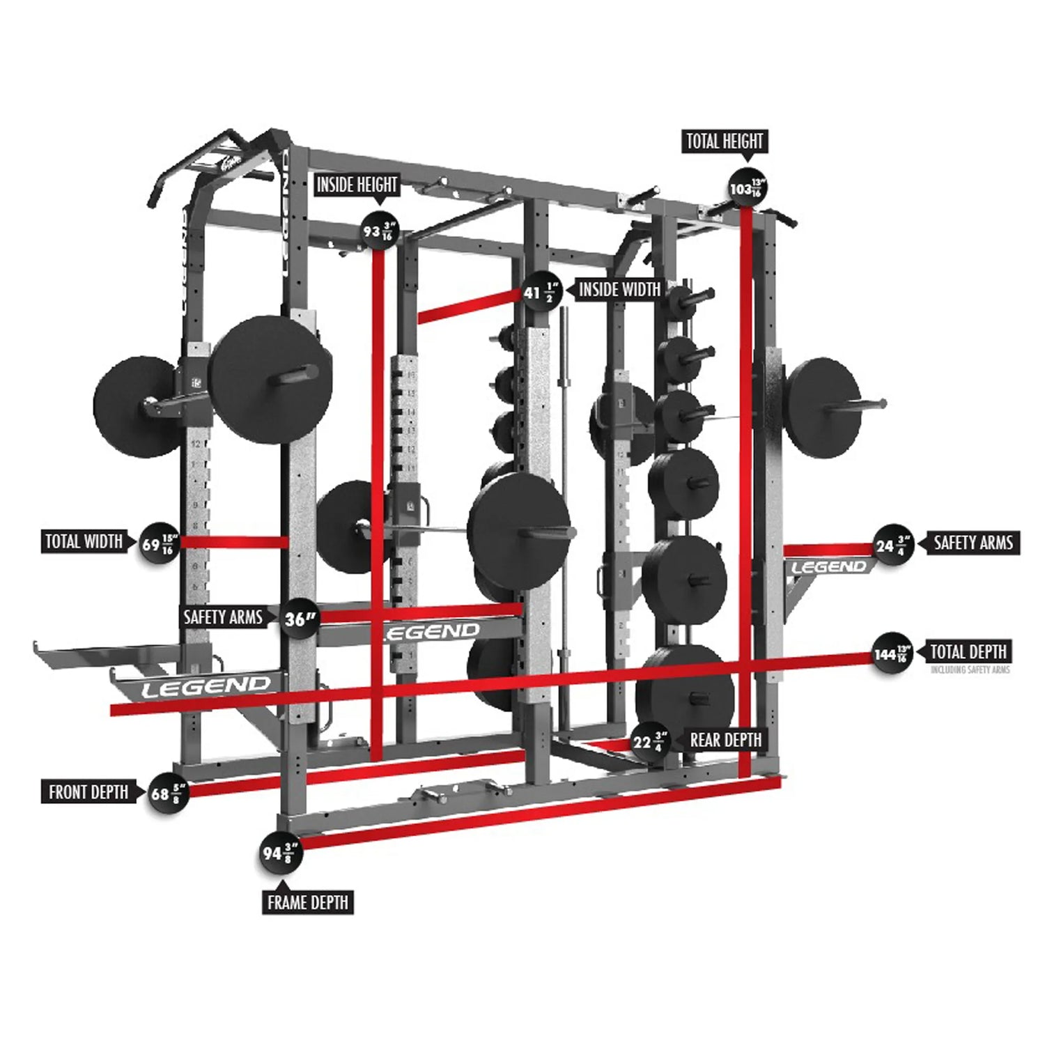 Gym power rack with labeled dimensions on a white background
