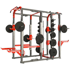 Legend fitness power rack with weight plates on a white background