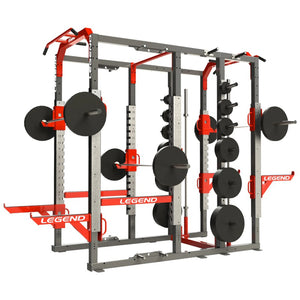 Legend fitness power rack with weight plates on a white background