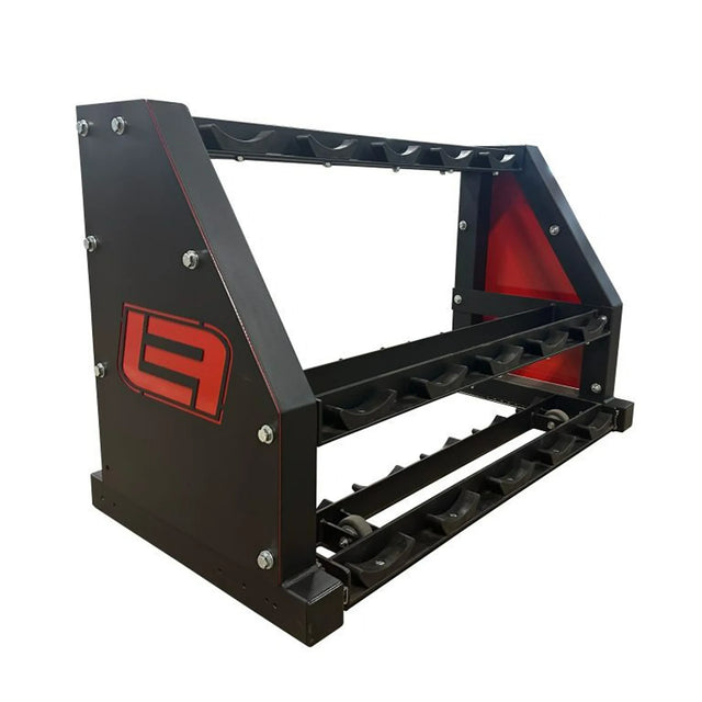 Black and red dumbbell storage rack with three shelves with saddles on a white background