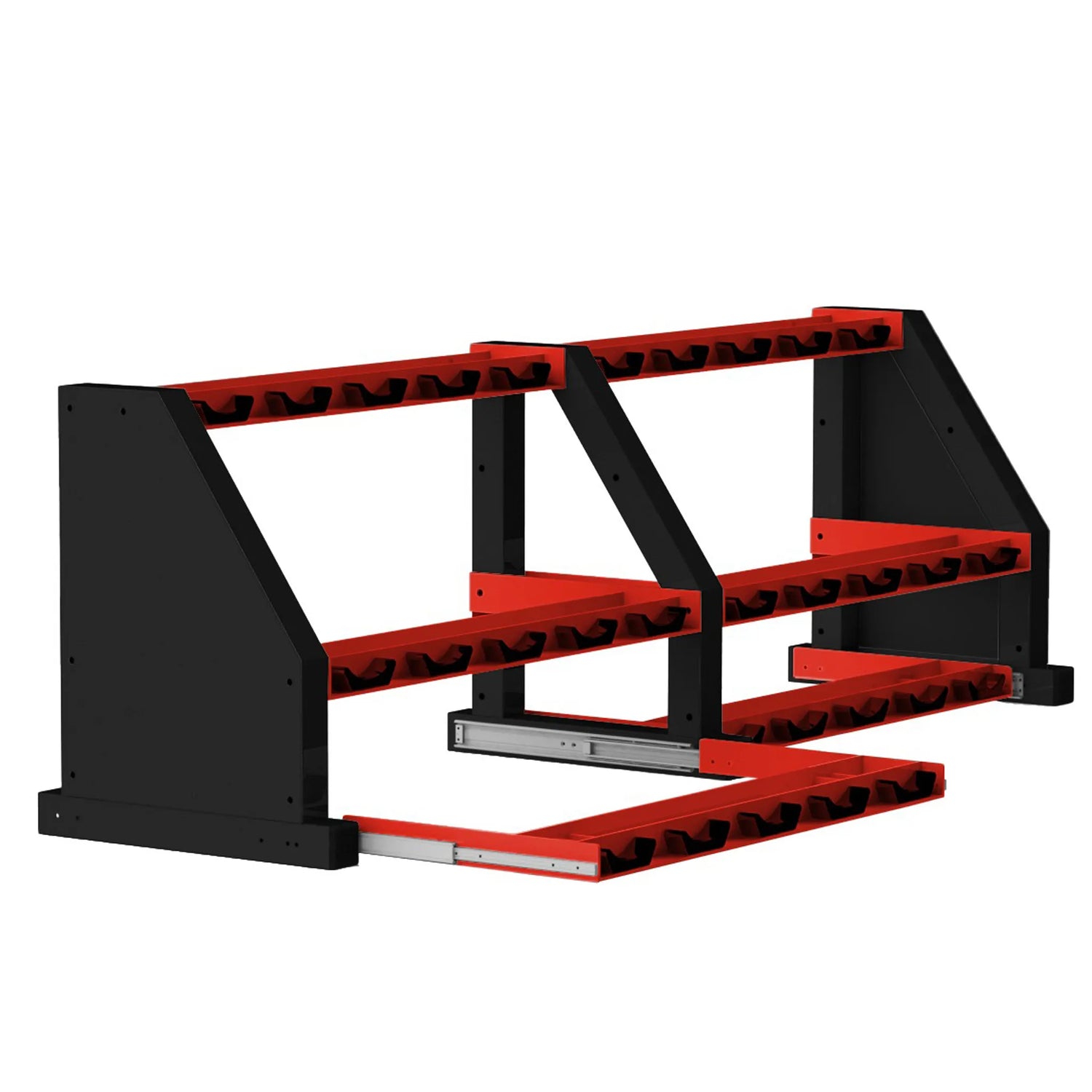 Black and red dumbbell storage rack with three shelves with saddles on a white background