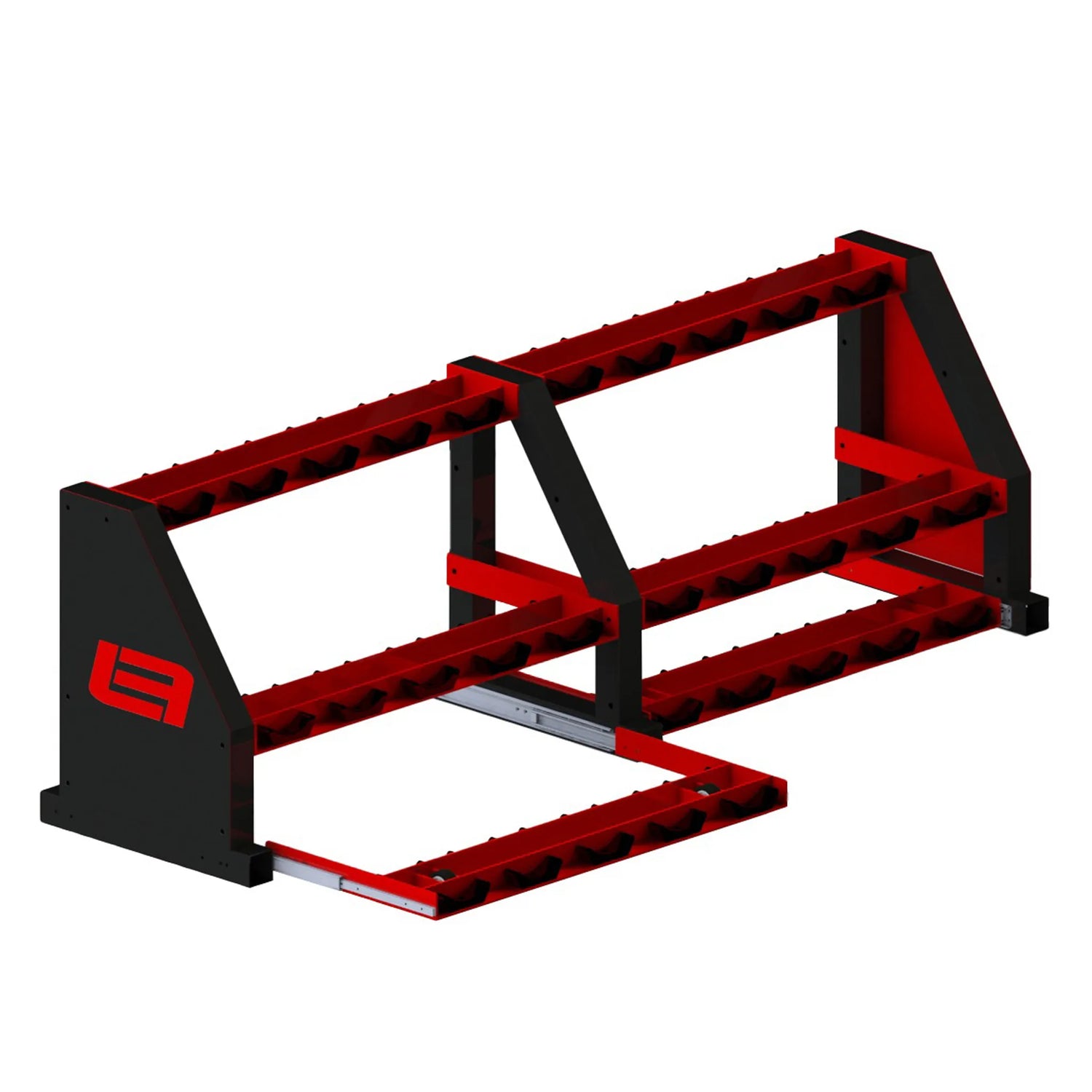 Black and red dumbbell storage rack with three shelves with saddles on a white background