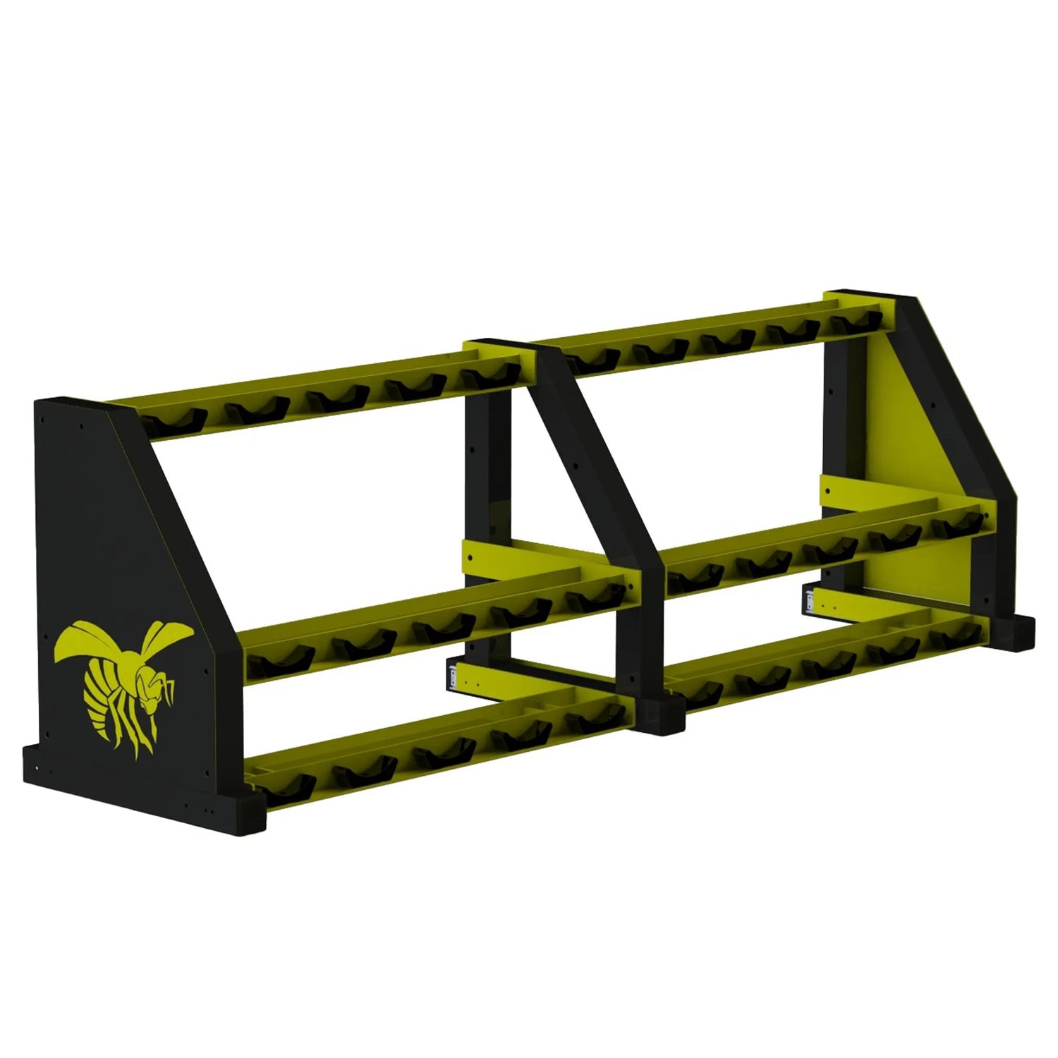 Black and yellow dumbbell storage rack with three shelves with saddles on a white background