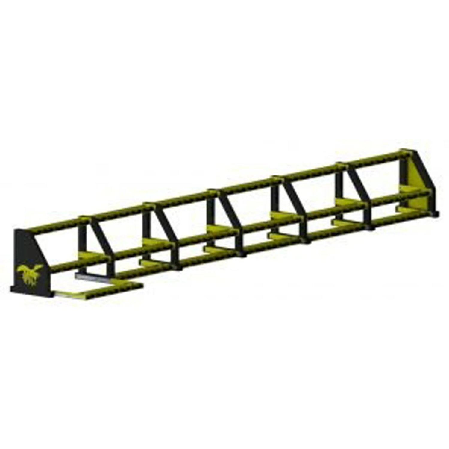 Black and yellow dumbbell storage rack with three shelves with saddles on a white background