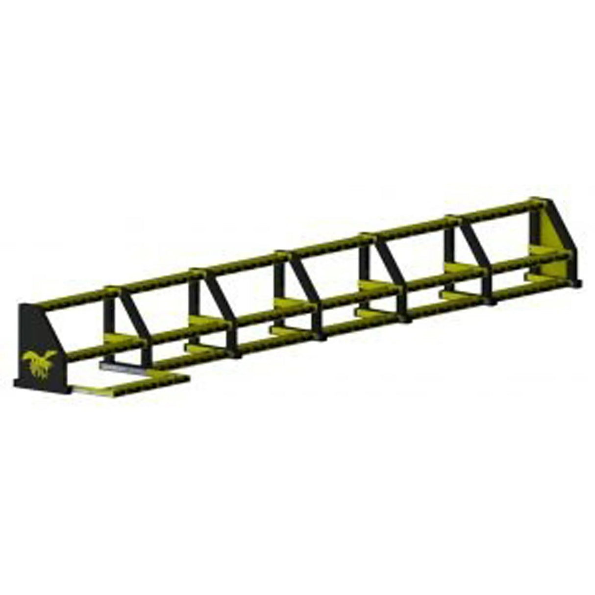 Black and yellow dumbbell storage rack with three shelves with saddles on a white background