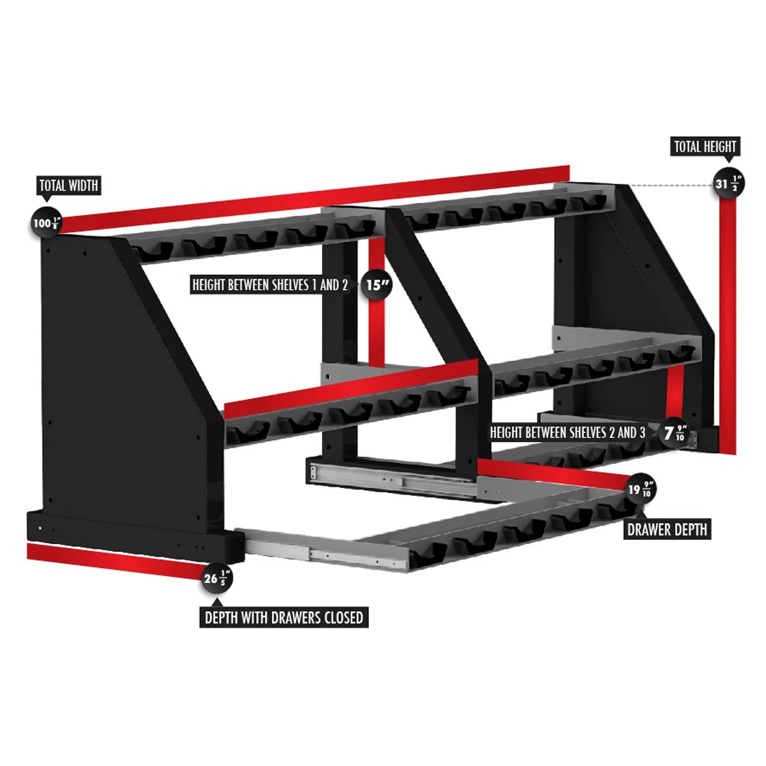 Black dumbbell storage rack with three shelves with saddles on a white background with red labels and dimensions