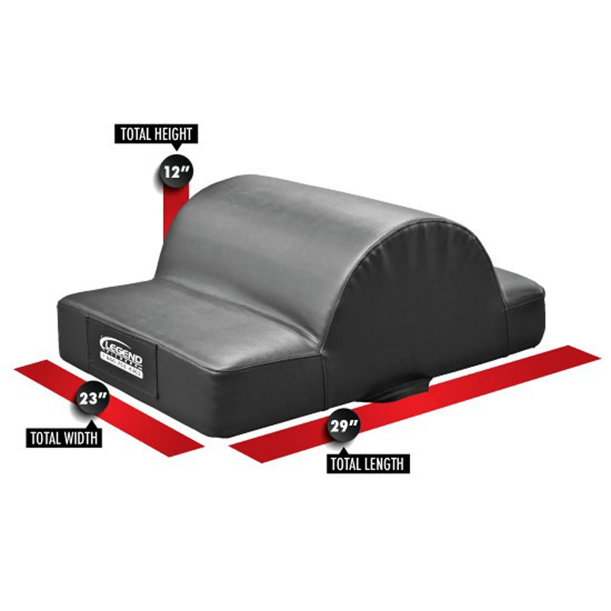 A black glute ham developer fitness pad on a white background with dimensions and labels