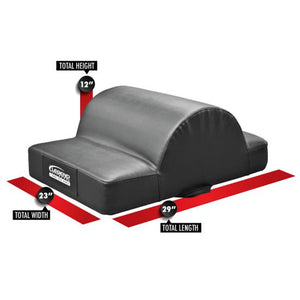 A black glute ham developer fitness pad on a white background with dimensions and labels