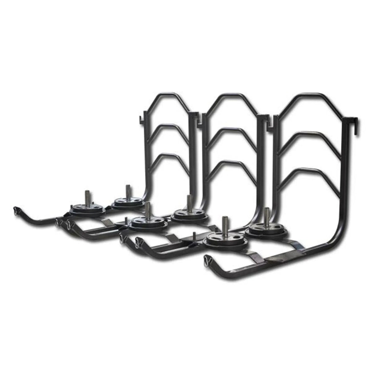 Three black metal push sleds with black weight plates on them on a white background