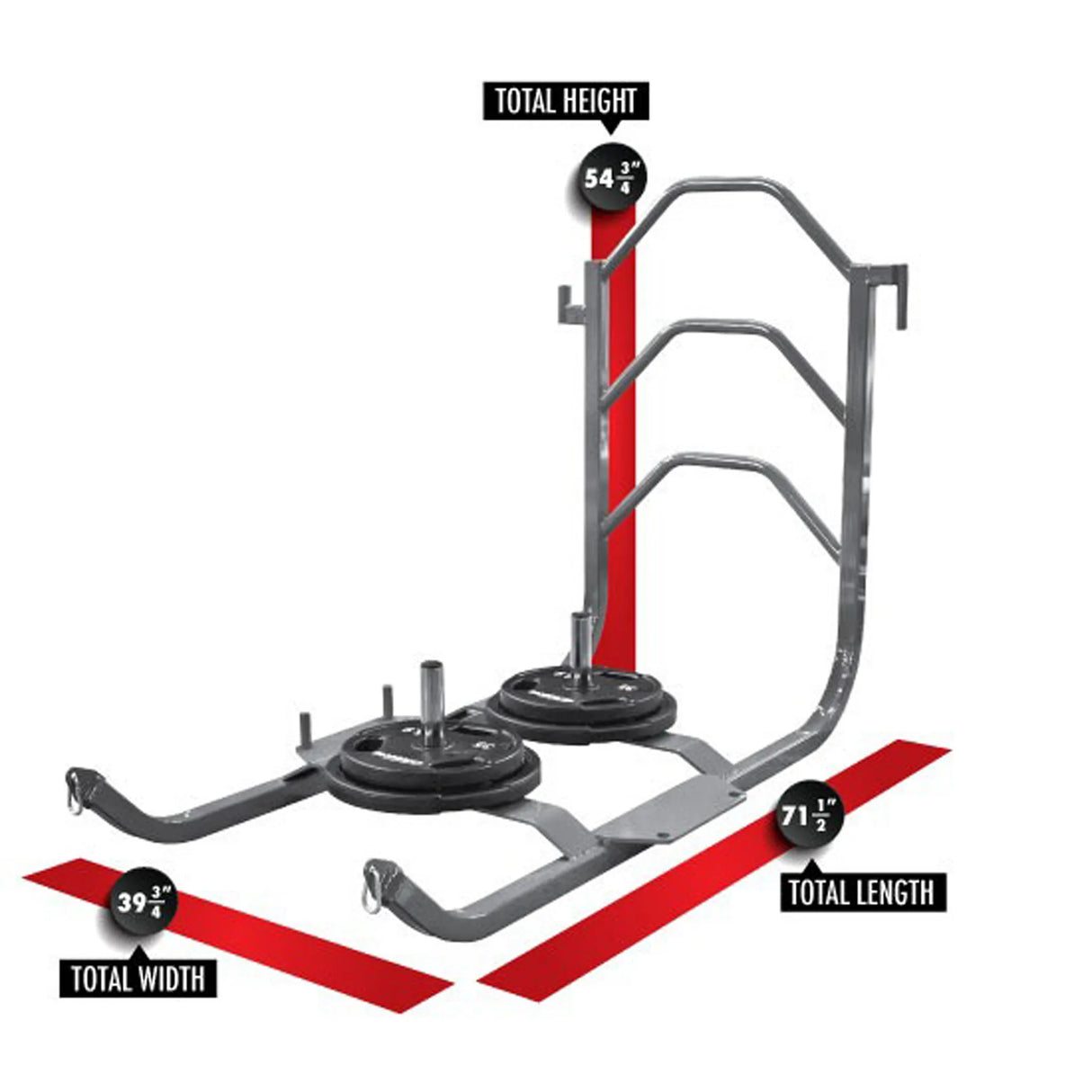 A gray metal push sled on a white background with red labels and dimensions