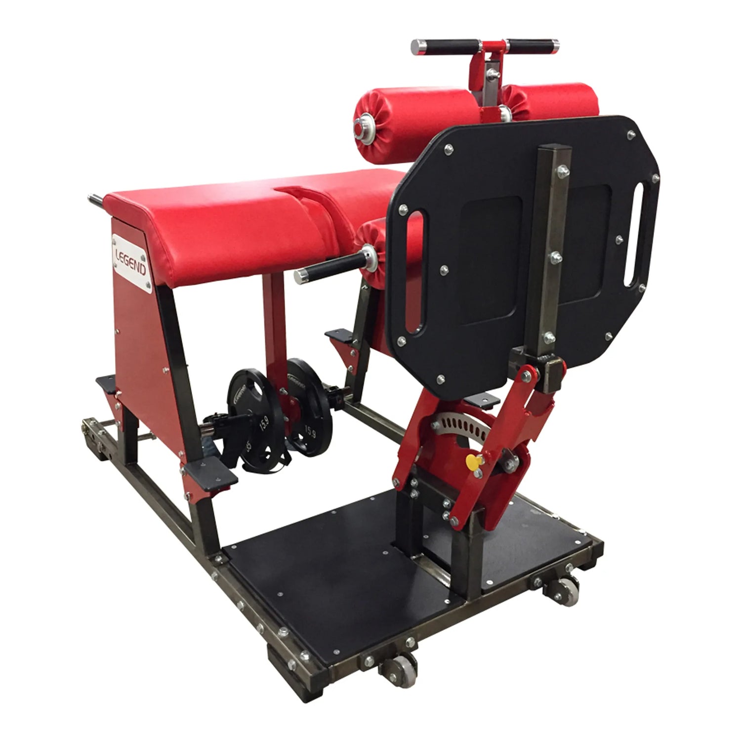 Red and black mechanical device on a white background