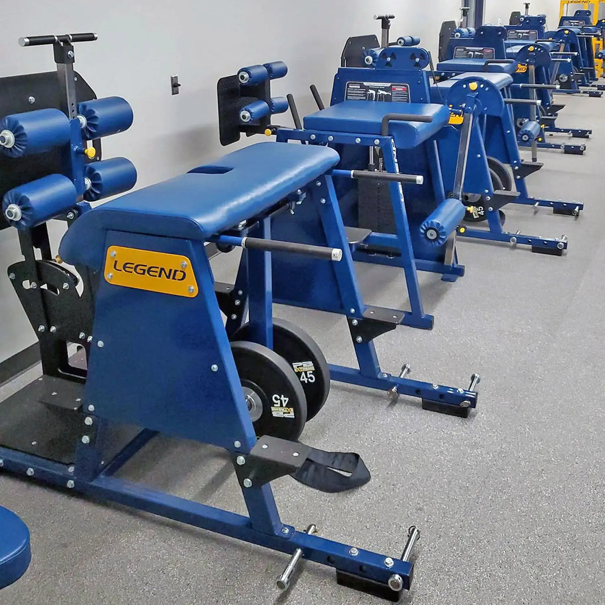 Blue gym equipment with 'Legend' branding in a gym setting