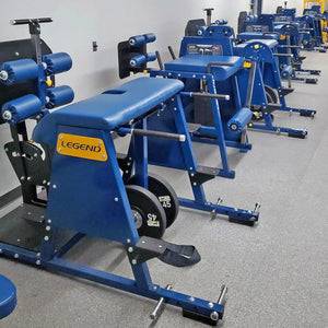 Blue gym equipment with 'Legend' branding in a gym setting