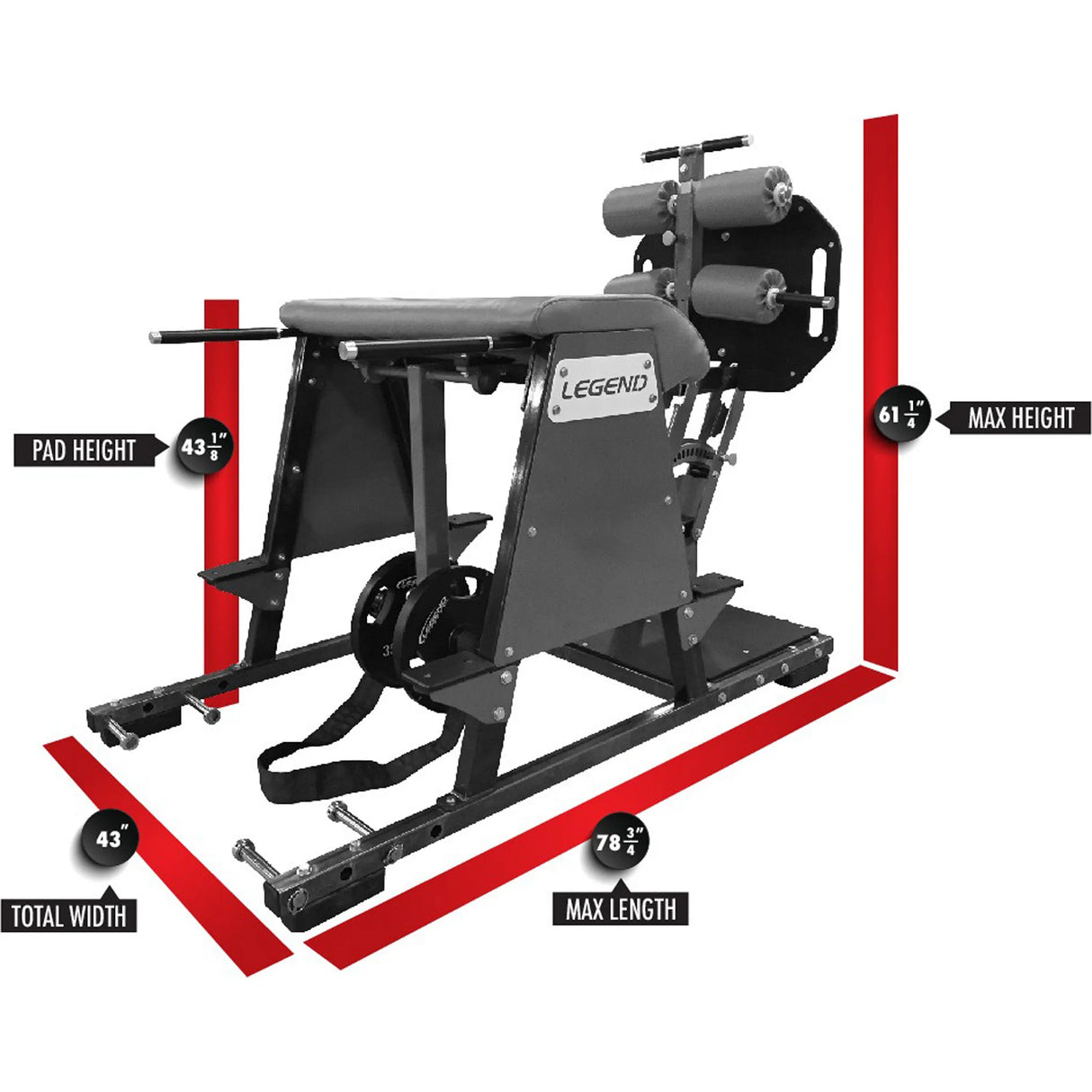Gym machine with labeled dimensions on a white background