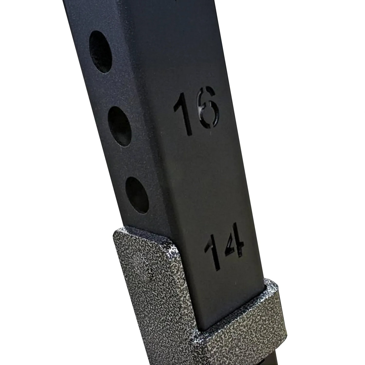 Black squat rack upright with the numbers 14 and 16 laser engraved into the steel