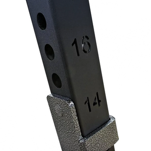 Black squat rack upright with the numbers 14 and 16 laser engraved into the steel