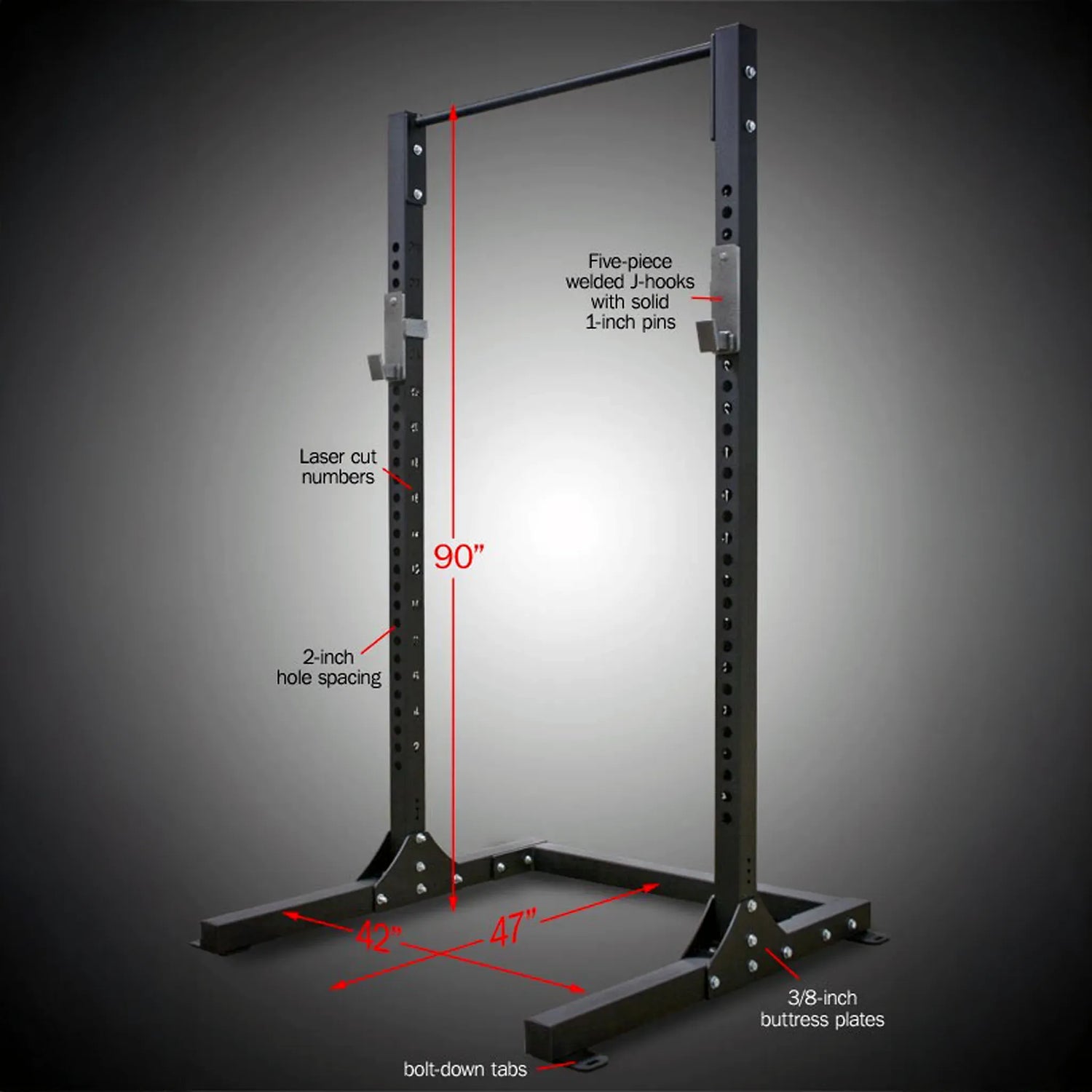 Black quarter rack with dimensions on a gray background