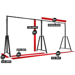 A black metal frame with dimensions and labels on a white background