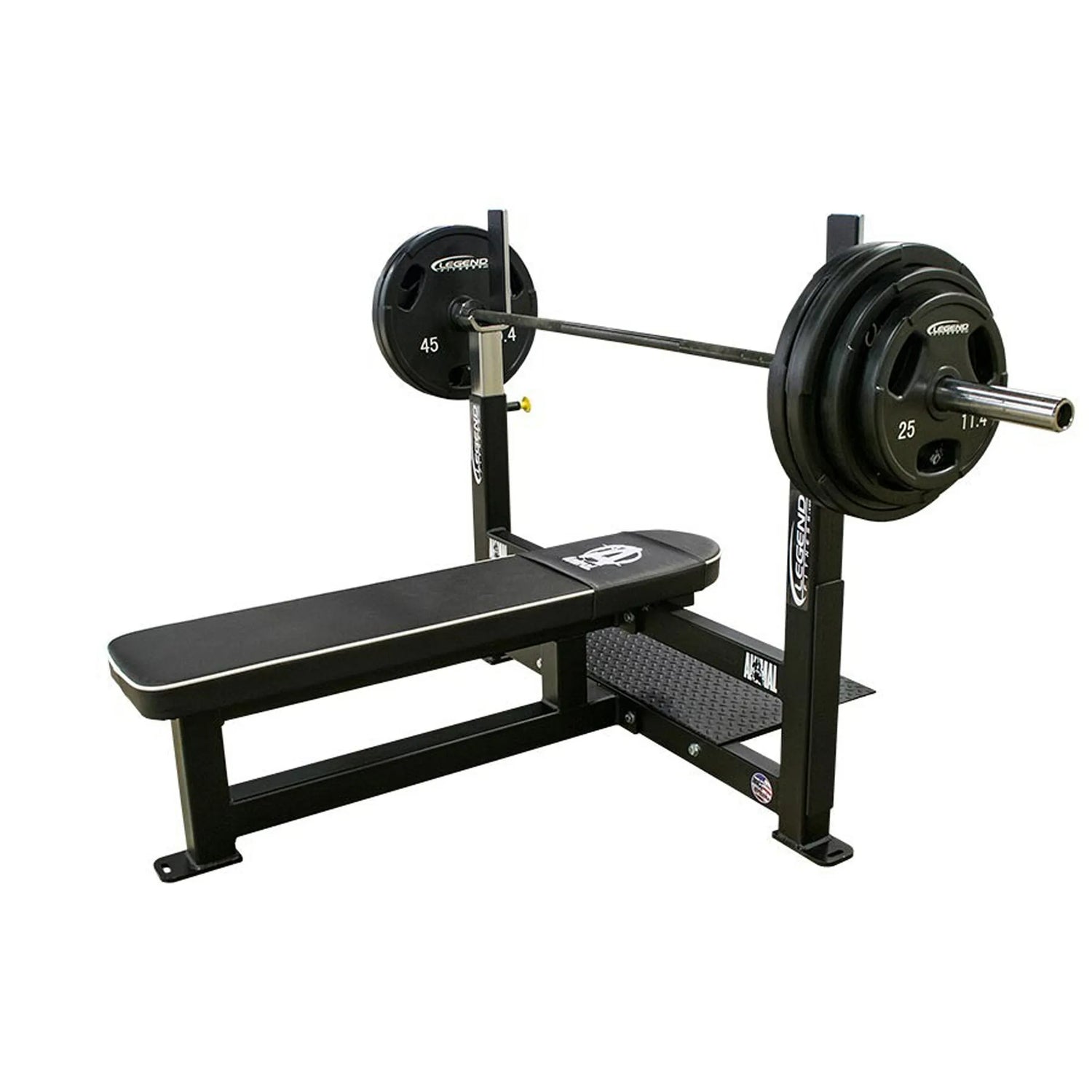 Black weight bench with barbell and weights on a white background