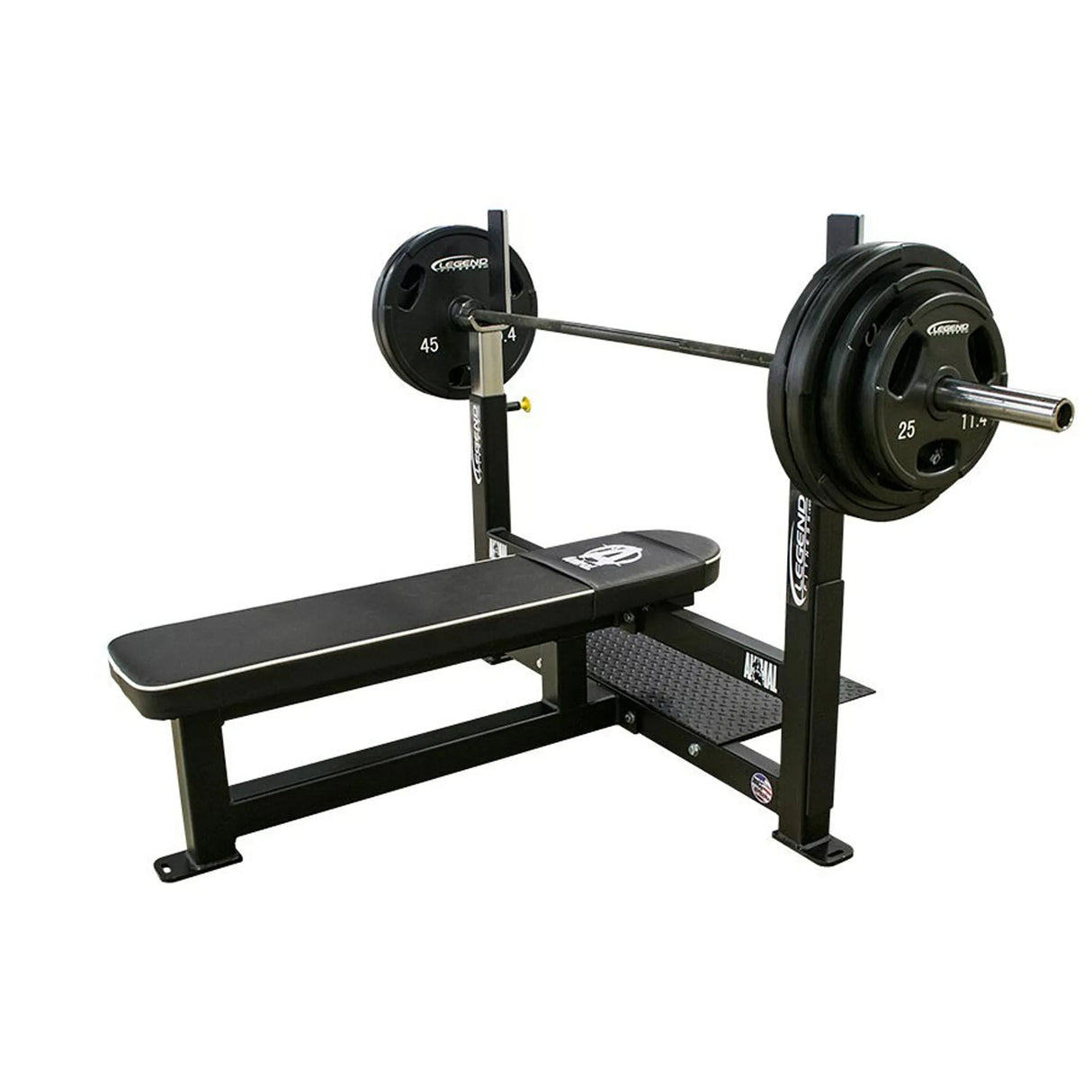 Black weight bench with barbell and weights on a white background