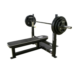 Black weight bench with barbell and weights on a white background