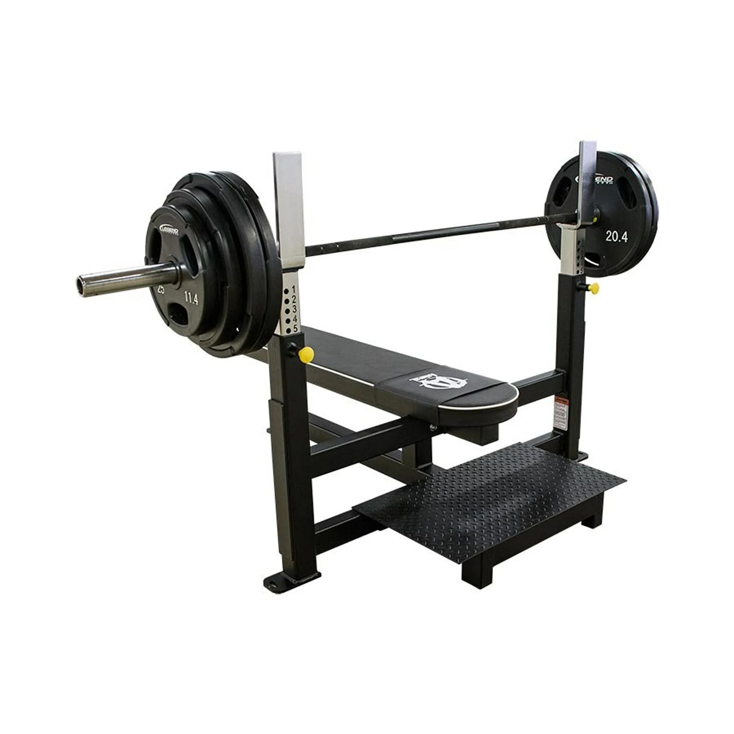 Weight bench with barbell and weights on a white background