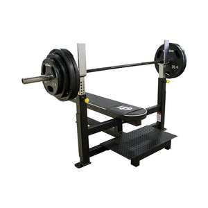 Weight bench with barbell and weights on a white background