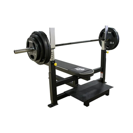 Weight bench with barbell and weights on a white background