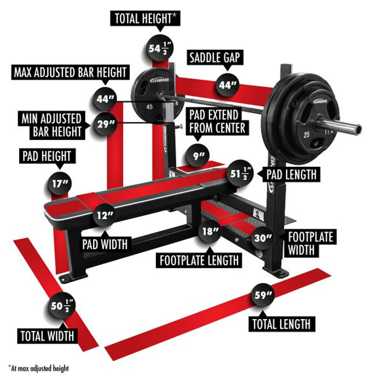 Detailed measurement chart of a weight bench with various dimensions labeled.