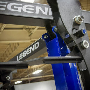 Close-up of a blue and black gym machine with 'LEGEND' branding.