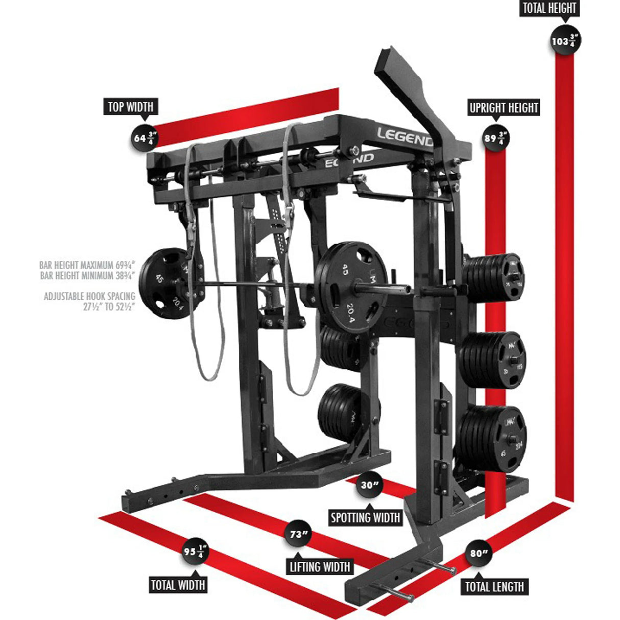 Gym machine with labeled dimensions on a white background