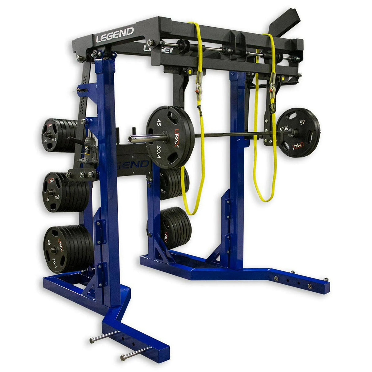 Blue and black monolift with plates on a white background