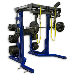 Blue and black monolift with plates on a white background