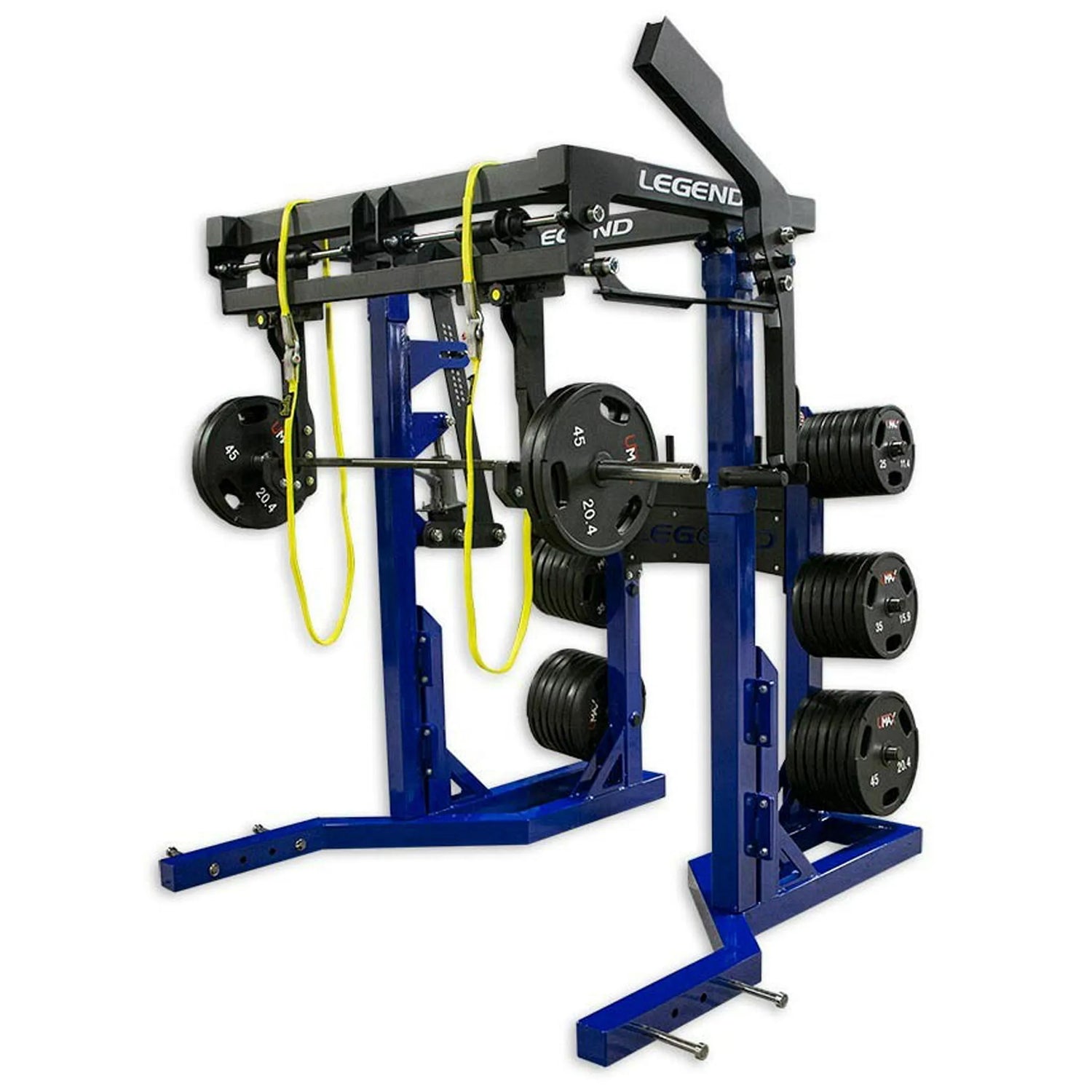 Blue weightlifting monolift with Legend branding on a white background