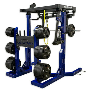 Blue Legend weightlifting monolift with weights on a white background
