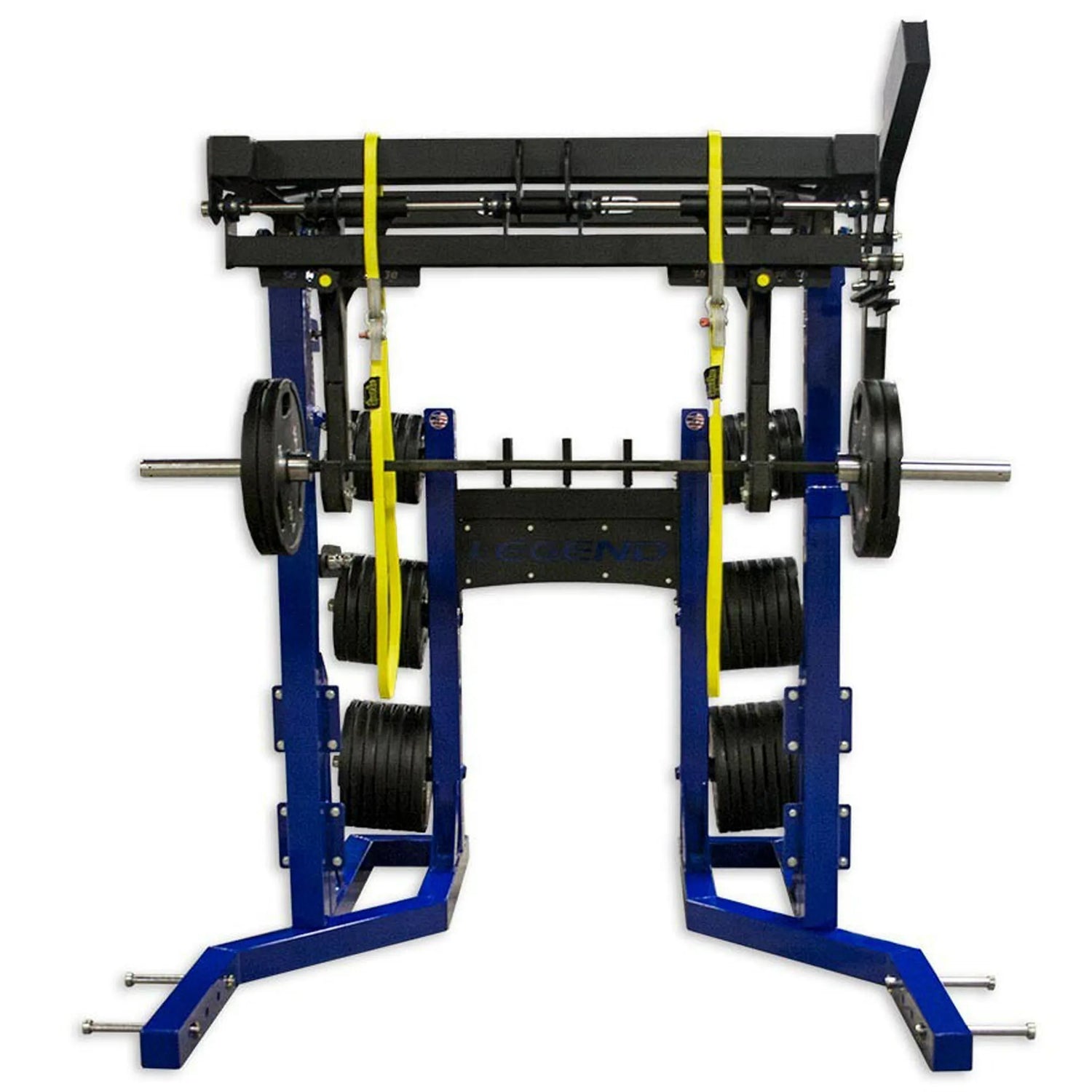 Blue weight rack with barbell and weights on a white background