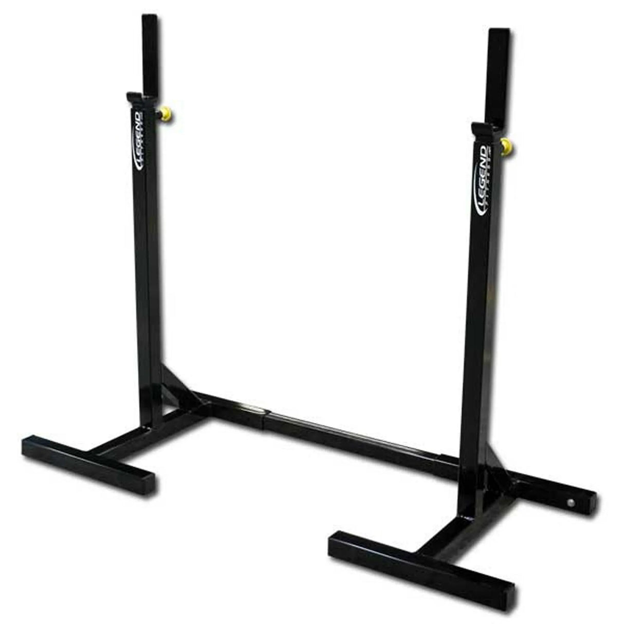 Black squat stands with a middle crossmember connecting them on the ground with a white background