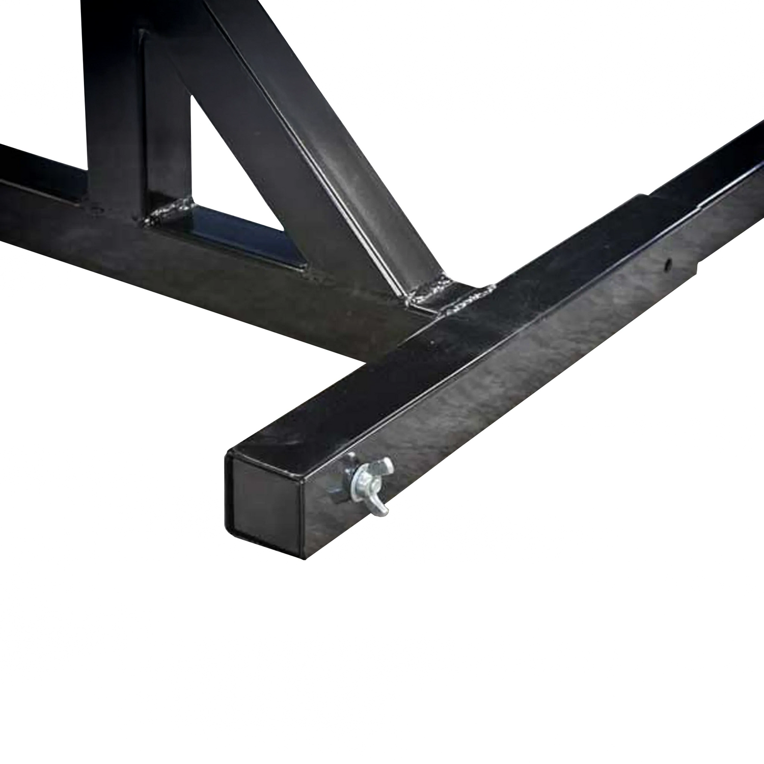 Close-up of a black metal frame with a wingnut bolt on a white background