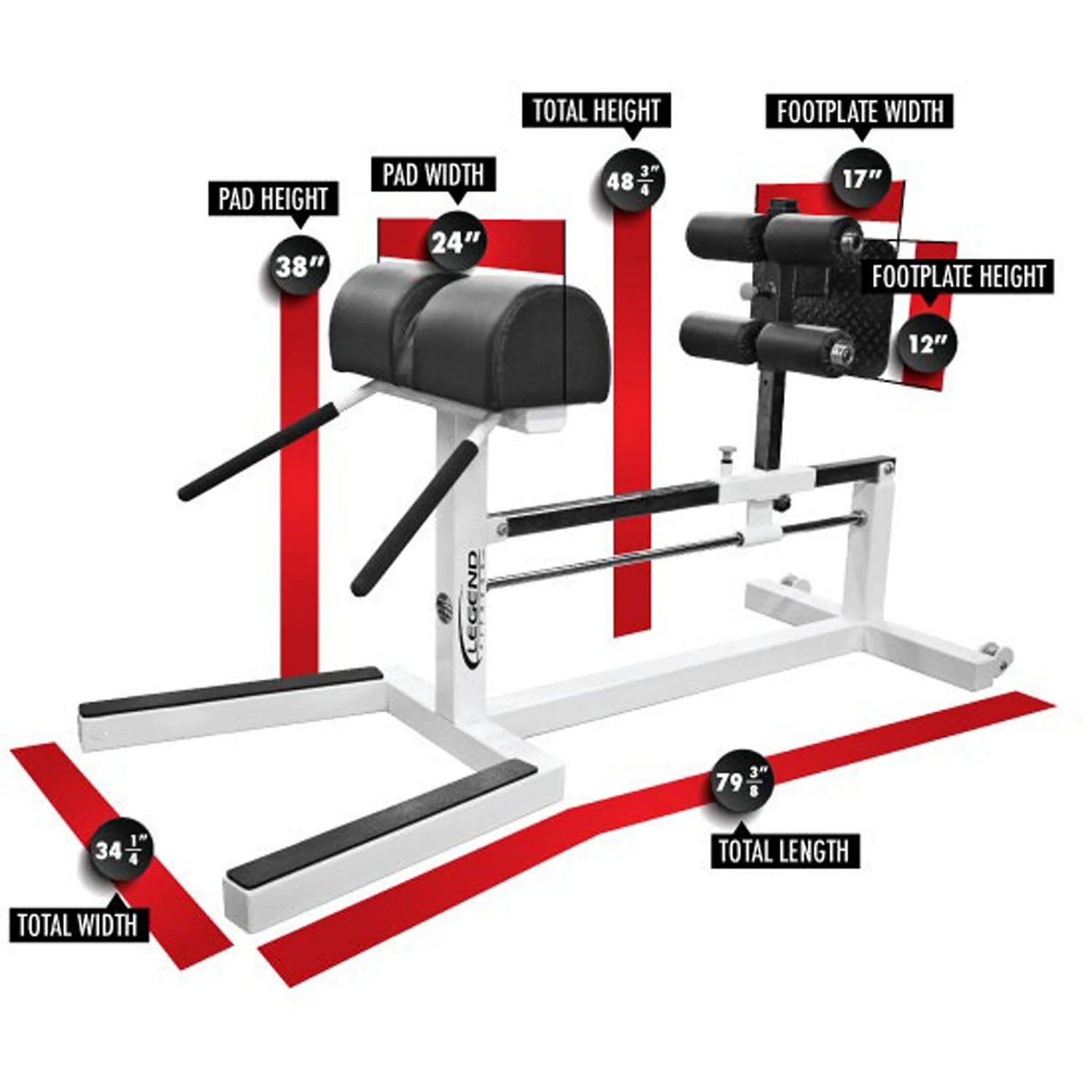 A white Legend Fitness glute ham developer with black pads on a white background with labels and dimensions