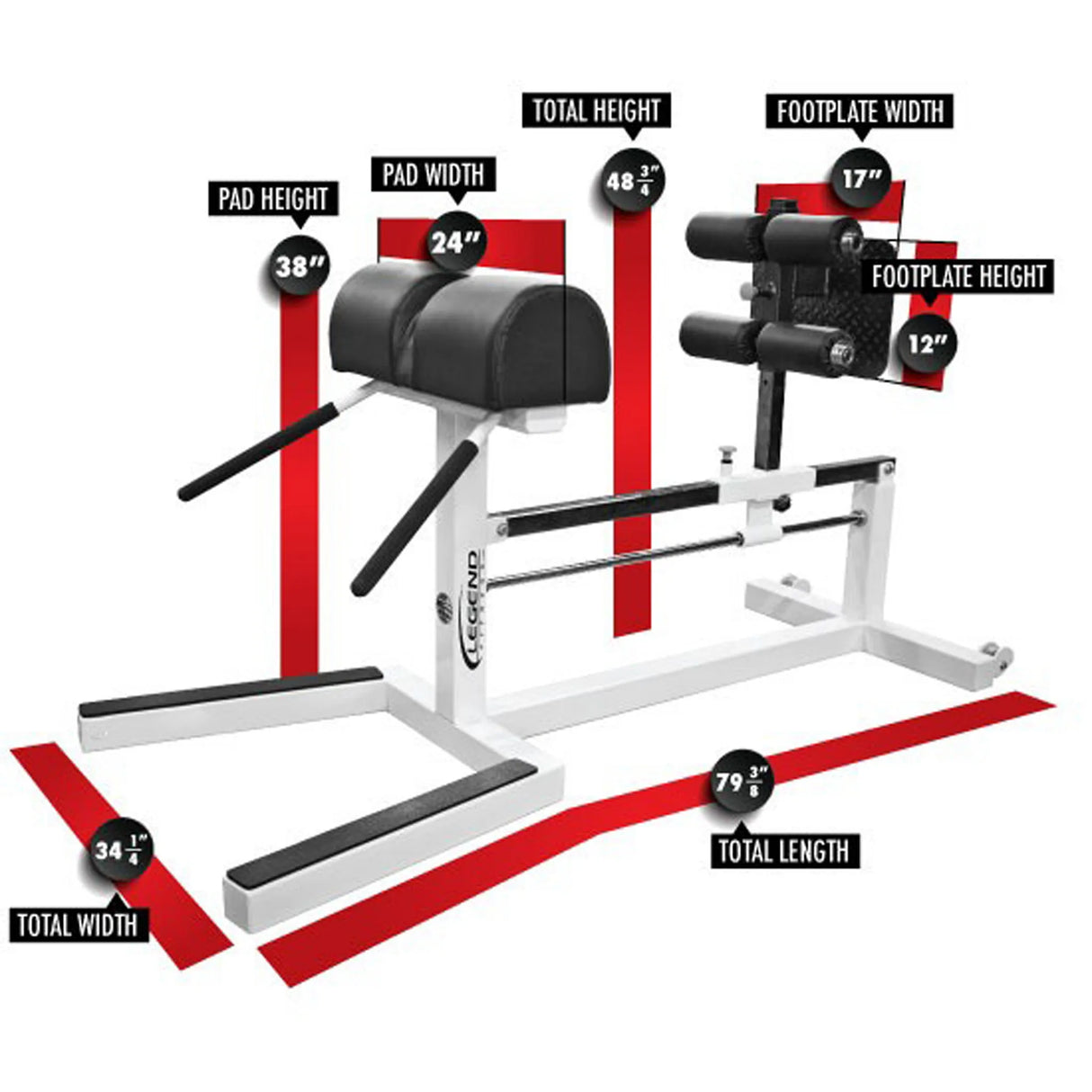 A white Legend Fitness glute ham developer with black pads on a white background with labels and dimensions