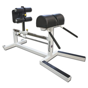 A white Legend Fitness glute ham developer with black pads on a white background