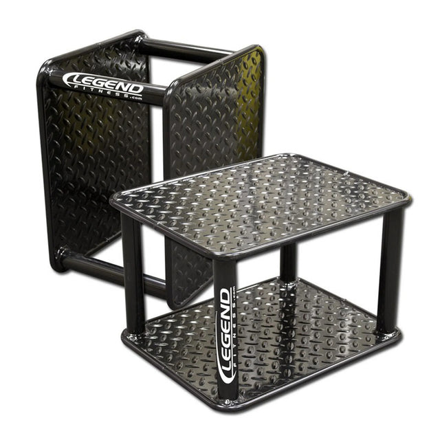 Two black metal step platforms with diamond plate texture on a white background, branded 'Legend Fitness'.