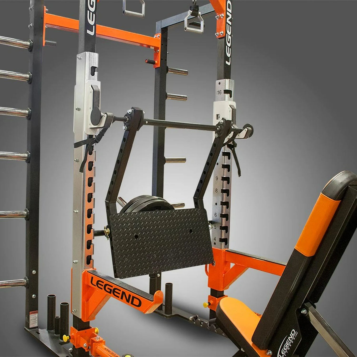 Legend Fitness Stealth Leg Press mounted on a Legend Fitness squat rack