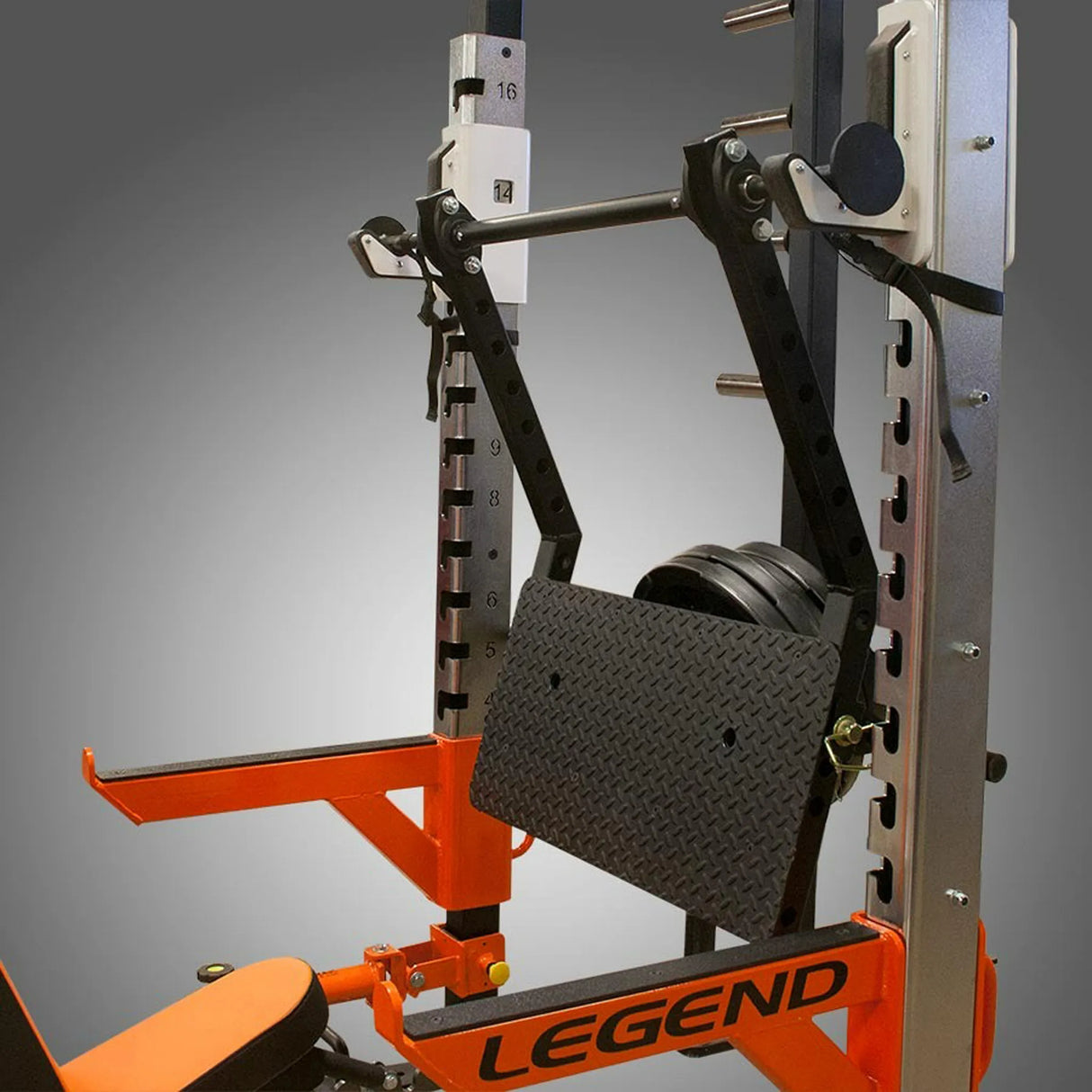 Legend Fitness Stealth Leg Press mounted on a Legend Fitness squat rack
