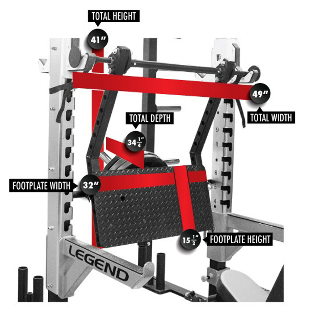 Legend Fitness Stealth Leg Press mounted on a Legend Fitness squat rack with labeled dimensions