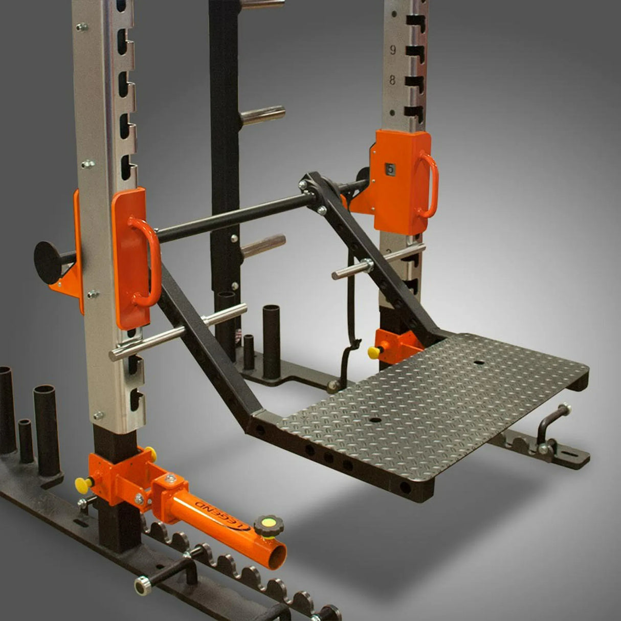 Legend Fitness Stealth Leg Press mounted on a Legend Fitness squat rack in the step-up configuration