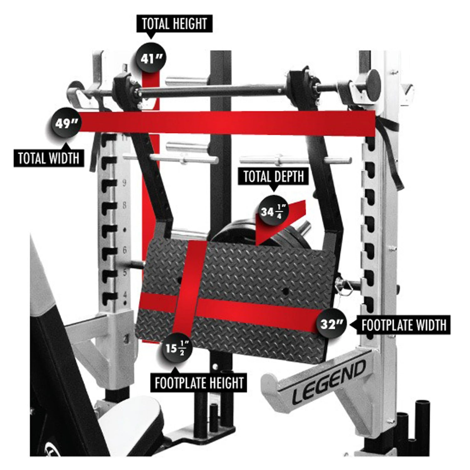 Legend Fitness Stealth Leg Press mounted on a Legend Fitness squat rack with labeled dimensions