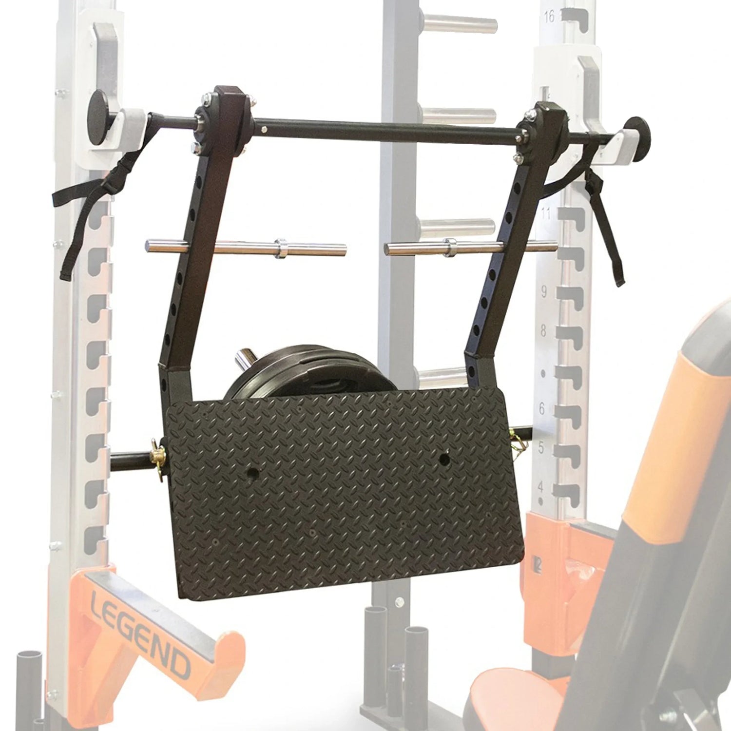Legend Fitness Stealth Leg Press mounted on a Legend Fitness squat rack